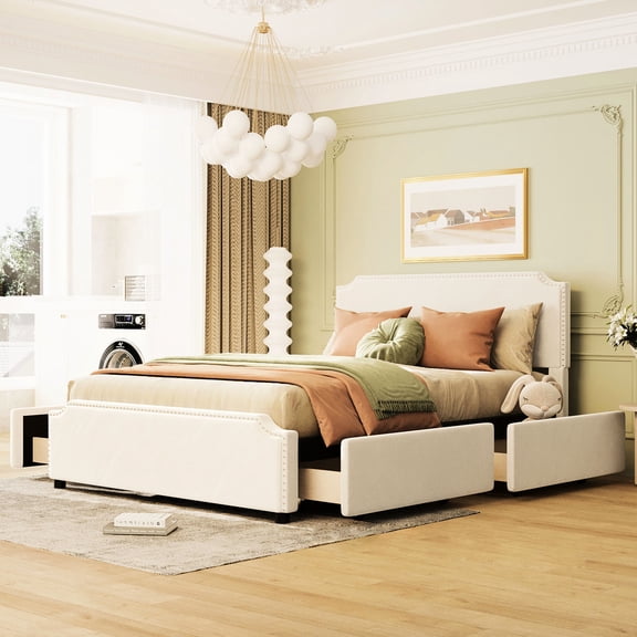Stud Trim Upholstered - Wooden Slats Included - Bedroom Decor - Comfortable Sleep