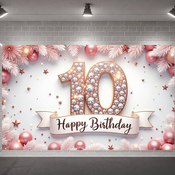 Studded 10th Birthday Banner Pink Sparkling Happy Birthday Display Golden Border Ribbon Accent Decor Backdrop for 10th Birthday Party Girls' Birthday Celebration Indoor Party Decoration