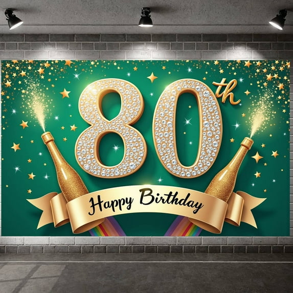 Studded 80th Birthday Banner Gold Champagne Happy Birthday Display Green Background Sparkling Stars 80th Party Backdrop for 80th Birthday Party Elderly Celebration Family Gathering