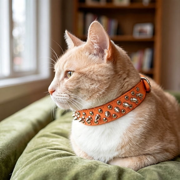 Studded Anti-Chew Pet Collar Adjustable Metal Rivet Neck Strap Durable Wear-Resistant Collar for Small Dogs Cats Orange