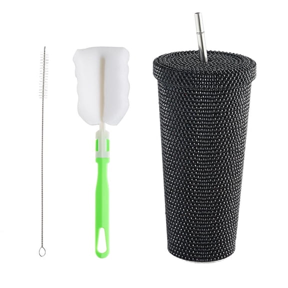 Studded Bling Tumbler with Lid & Straw, 25oz Rhinestone Glitter Insulated Cup for Women, Insulated Coffee Mug Gift, Reusable Water Bottle with Cleaning Brushes