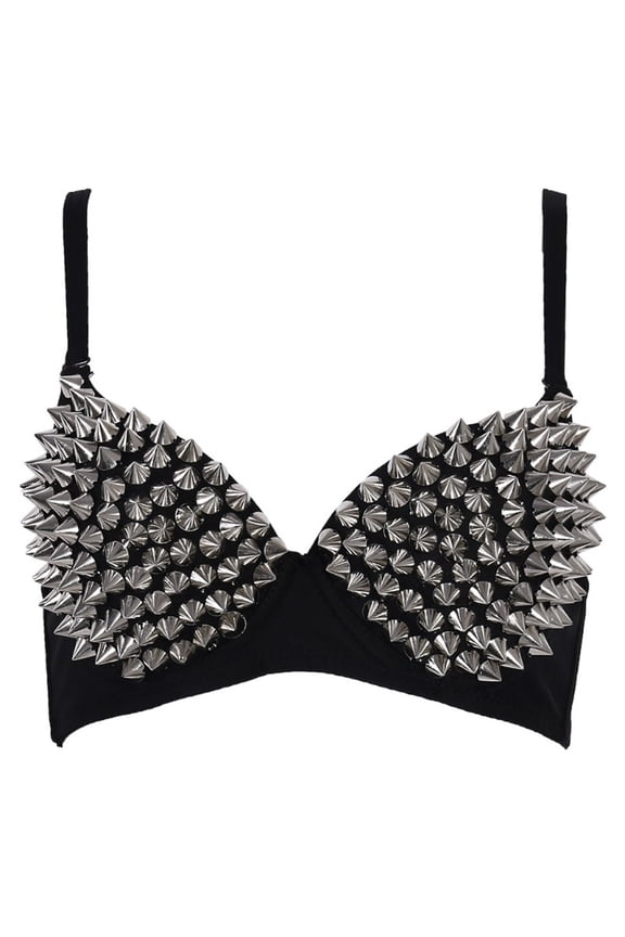 Studded Bra, Spike Bra, Spiky Steampunk Metallic Studded Rivets Top with Adjustable Strap, Bedazzled Rhinestone Strappy Sexy Bras for Women Dancing Performance Sport Party Club, Silver 2XL