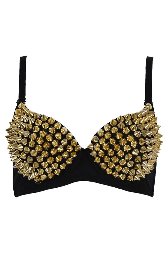 Studded Bra, Spike Bra, Spiky Steampunk Metallic Studded Rivets Top with Adjustable Strap, Bedazzled Rhinestone Strappy Sexy Bras for Women Dancing Performance Sport Party Club, Gold S