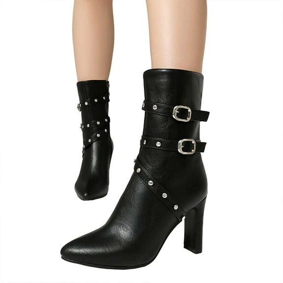 Studded Buckle High Heel Mid Calf Combat Boots for Women 2025 Vintage Leather Winter Fall Short Dress Booties