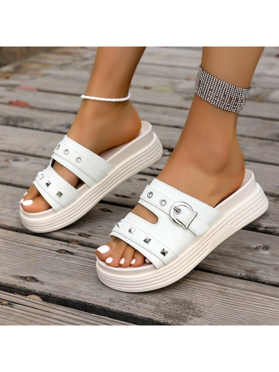 Studded Buckle Slide Sandals, Women's Denim Cross Strap Platform Slides Sandals With Buckle Fashion Comfortable Studded Slip On Non-Slip Beach Mules for Casual Party Date Walking, White 9