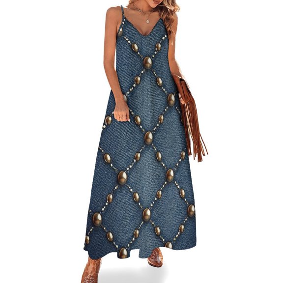 Studded Denim Pattern Sleeveless Dress Dresses Women Summer Women's Summer Clothing