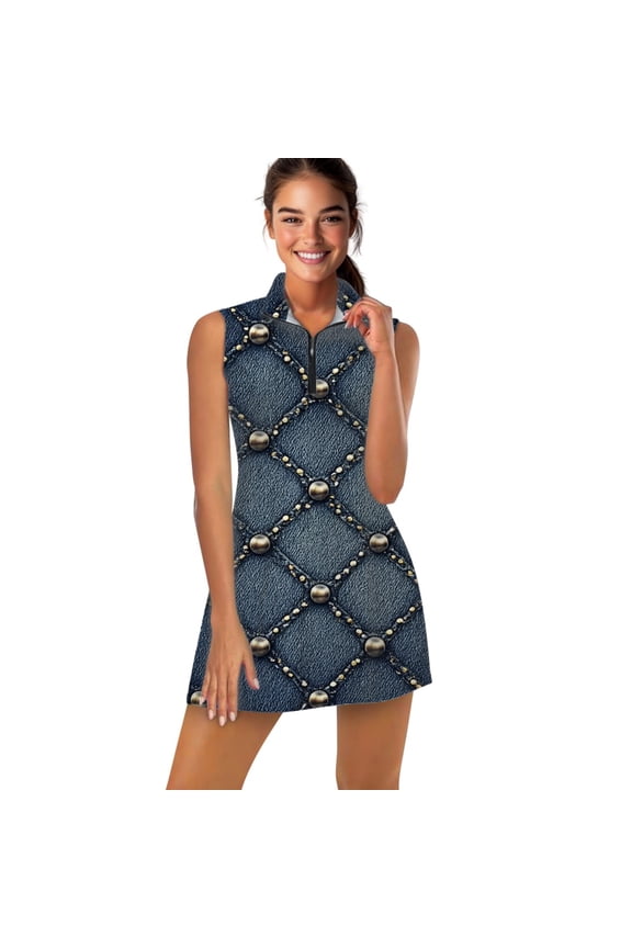 Studded Denim Pattern Sports Dresses Women Tennis Dress Outdoor Badminton Golf Quick-Drying And Breathable Sports Dress