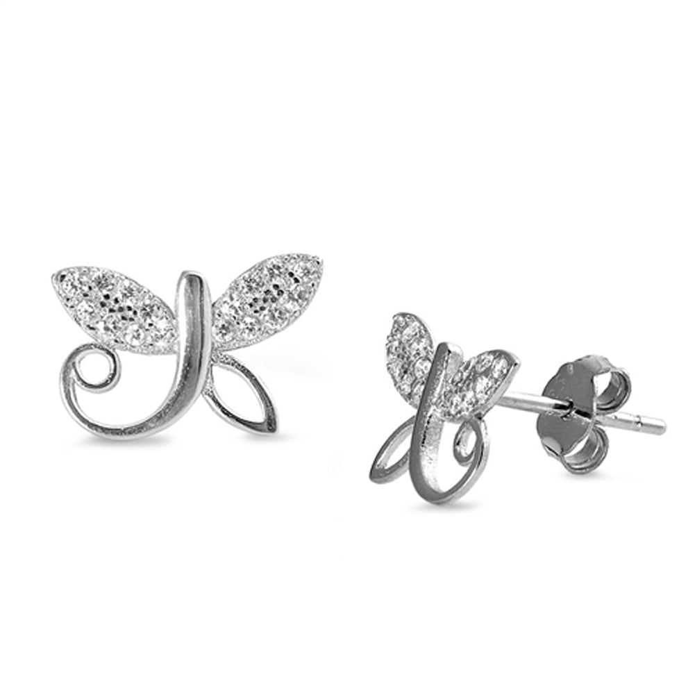 Studded Dragonfly Filigree Swirl Wing Clear CZ .925 Sterling Silver Earrings Jewelry Female