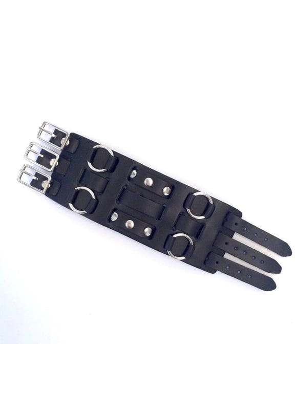 Studded Extra Wide 3-Strap 70's Style Black Leather Watch Band