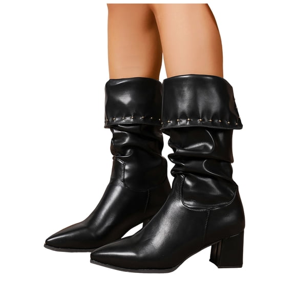Studded Fold Over Cowboy Boots for Women Slouchy Leather Block Heel Pull on Mid Calf Winter Booties
