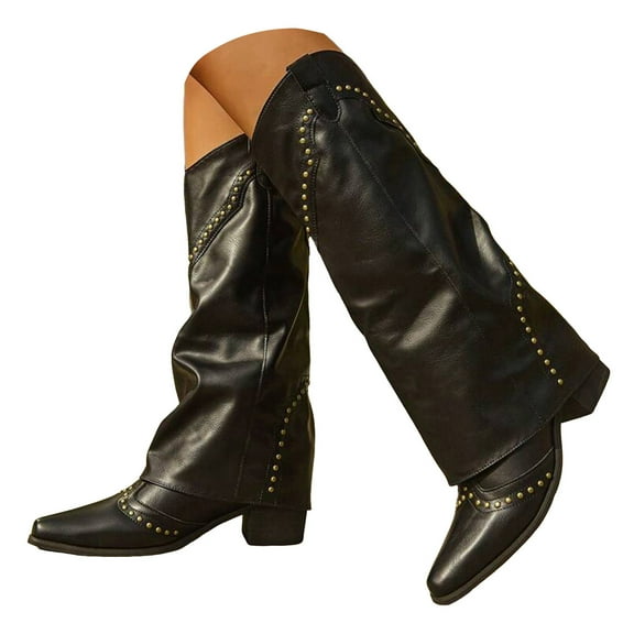 Studded Fold Over Knee High Boots for Women Slouchy Punk Stacked Leather Pointed Toe Wide Mid Calf Motorcycle Riding Tall Boots