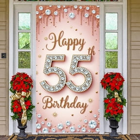 Studded Happy 55th Birthday Banner Golden Sparkle 55th Birthday Display Pink Background Glitter Design Decor Backdrop for 55th Birthday Party Adult Celebration Photo Backdrop