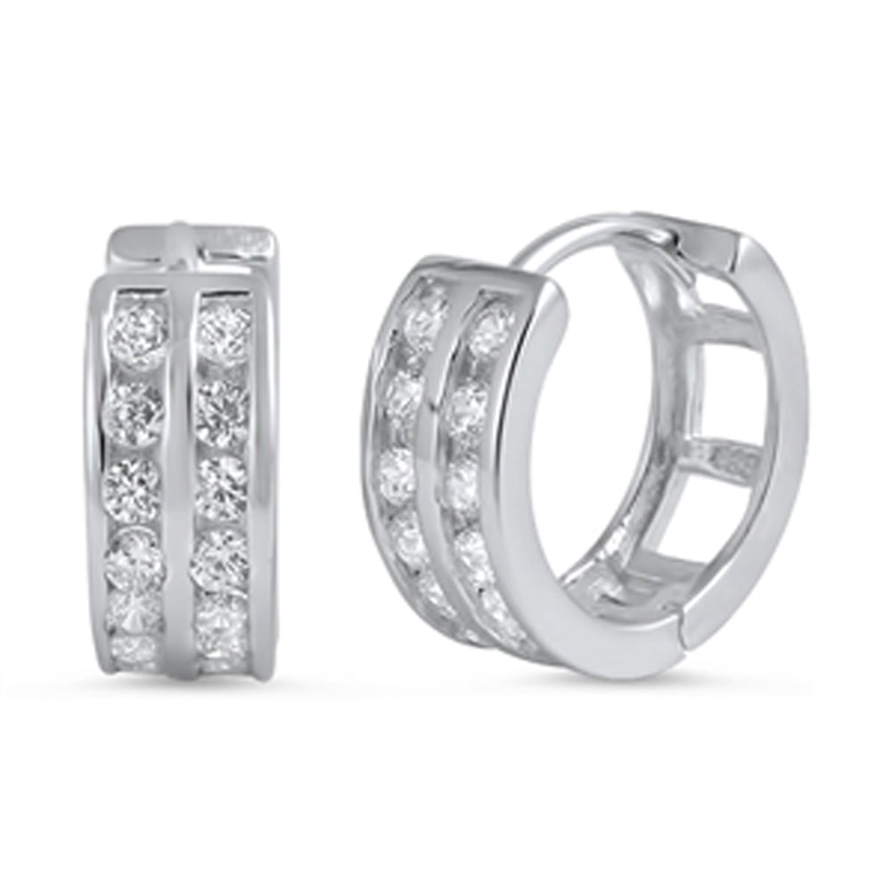 Studded Hoop Sparkly Clear CZ .925 Sterling Silver Open Huggie Hoop Earrings Jewelry Female