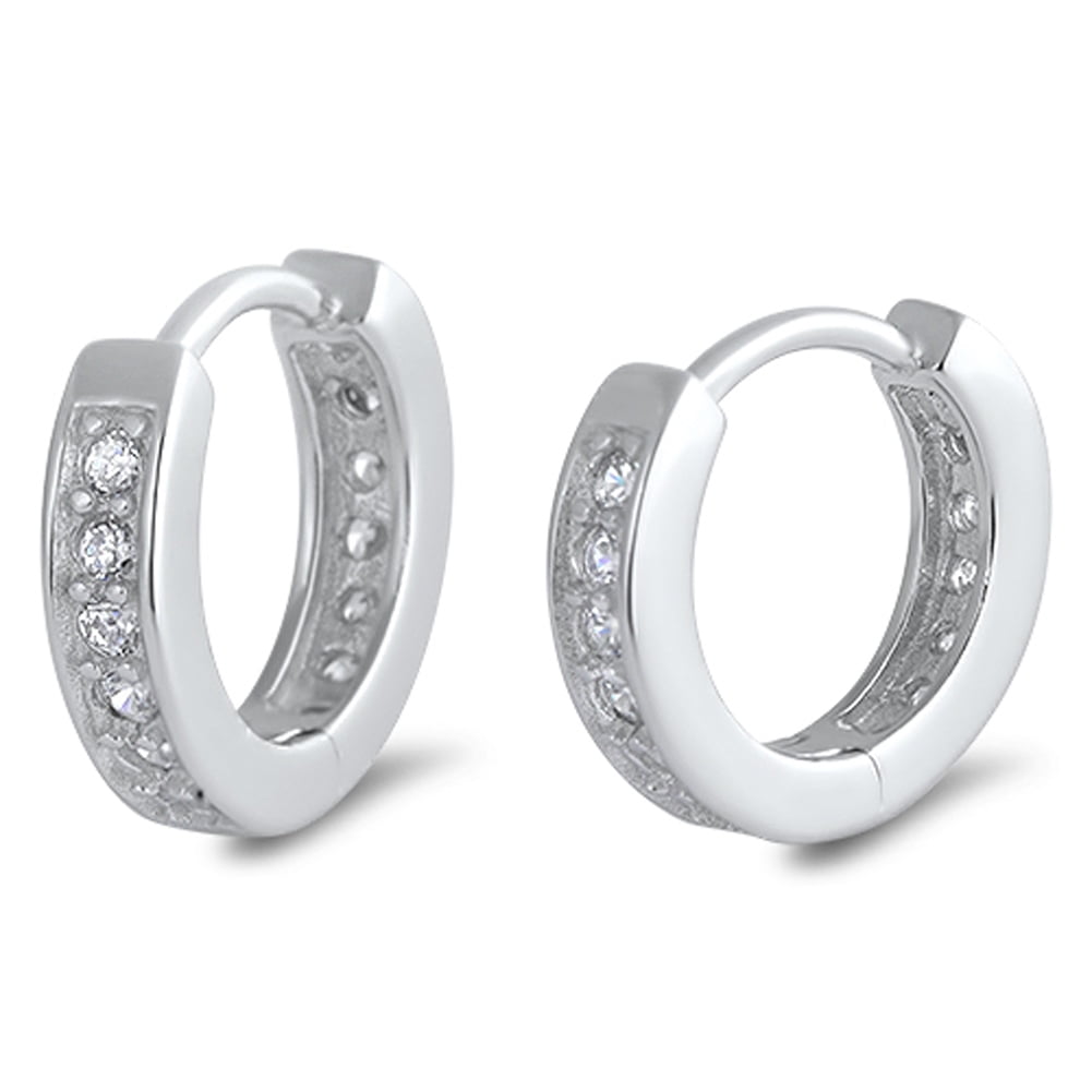 Studded Huggie Hoop Sparkly Clear CZ .925 Sterling Silver Huggie Hoop Earrings Jewelry Female