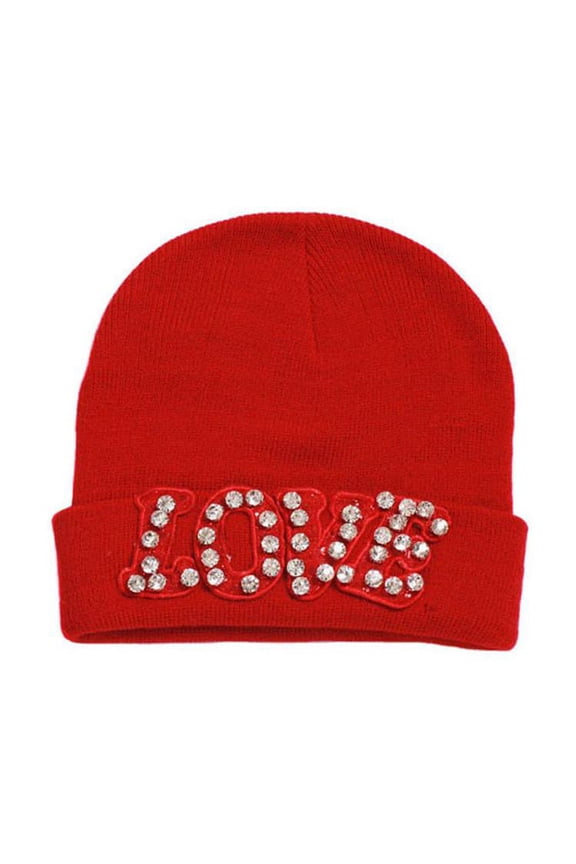 Studded LOVE Cuffed Beanie - Red