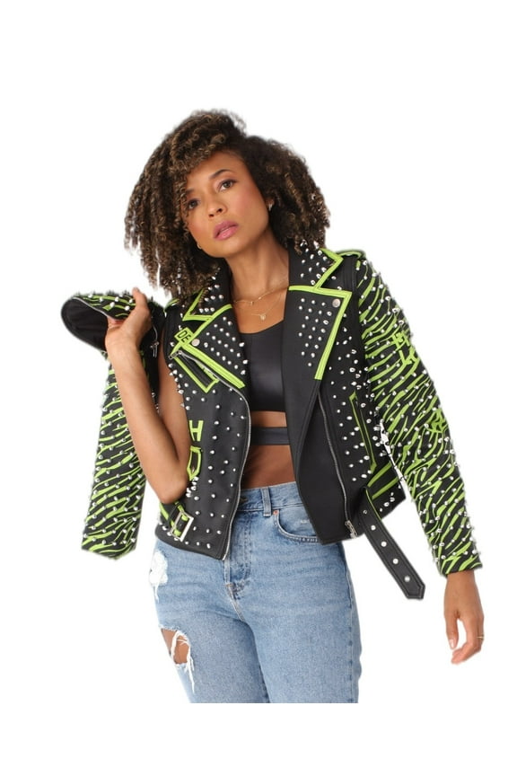 Studded Leather Jacket with Detachable Sleeves - 81989