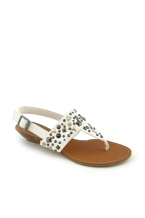 Studded Low Heel Wedges Sandals Thong White Faux Leather