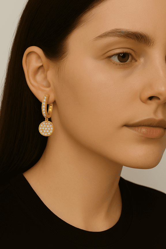 Studded Moon Hoop Earrings | 925 Sterling Silver | 18K Gold Vermeil | Pave Disc Drop CZ Hoop Earrings by Anushka Jain Jewellery