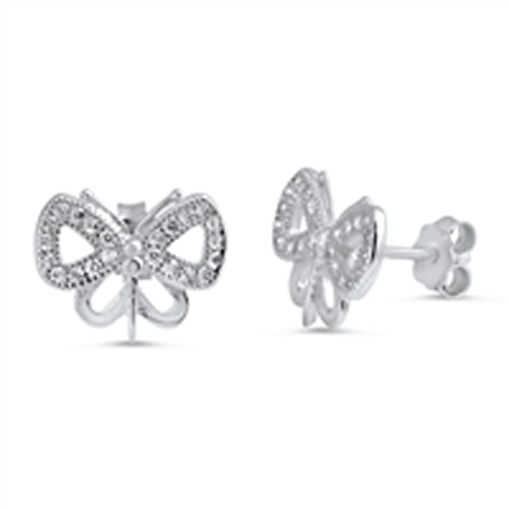 Studded Open Wing Butterfly Insect Clear Cubic Zirconia .925 Sterling Silver Earrings Jewelry Female