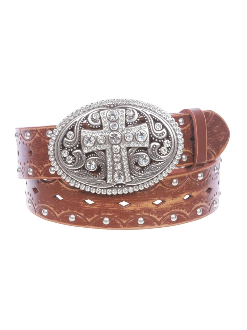 Studded Perforated Embossed Leather Belt With Rhinestone  display picture 2