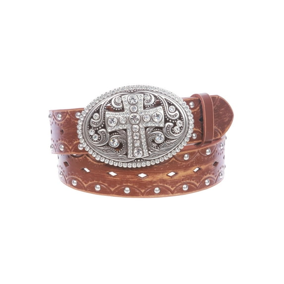 Studded Perforated Embossed Leather Belt With Rhinestone Bling Cross Buckle