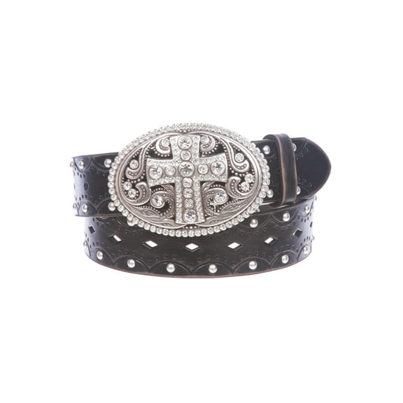 Studded Perforated Embossed Leather Belt With Rhinestone Bling Cross Buckle