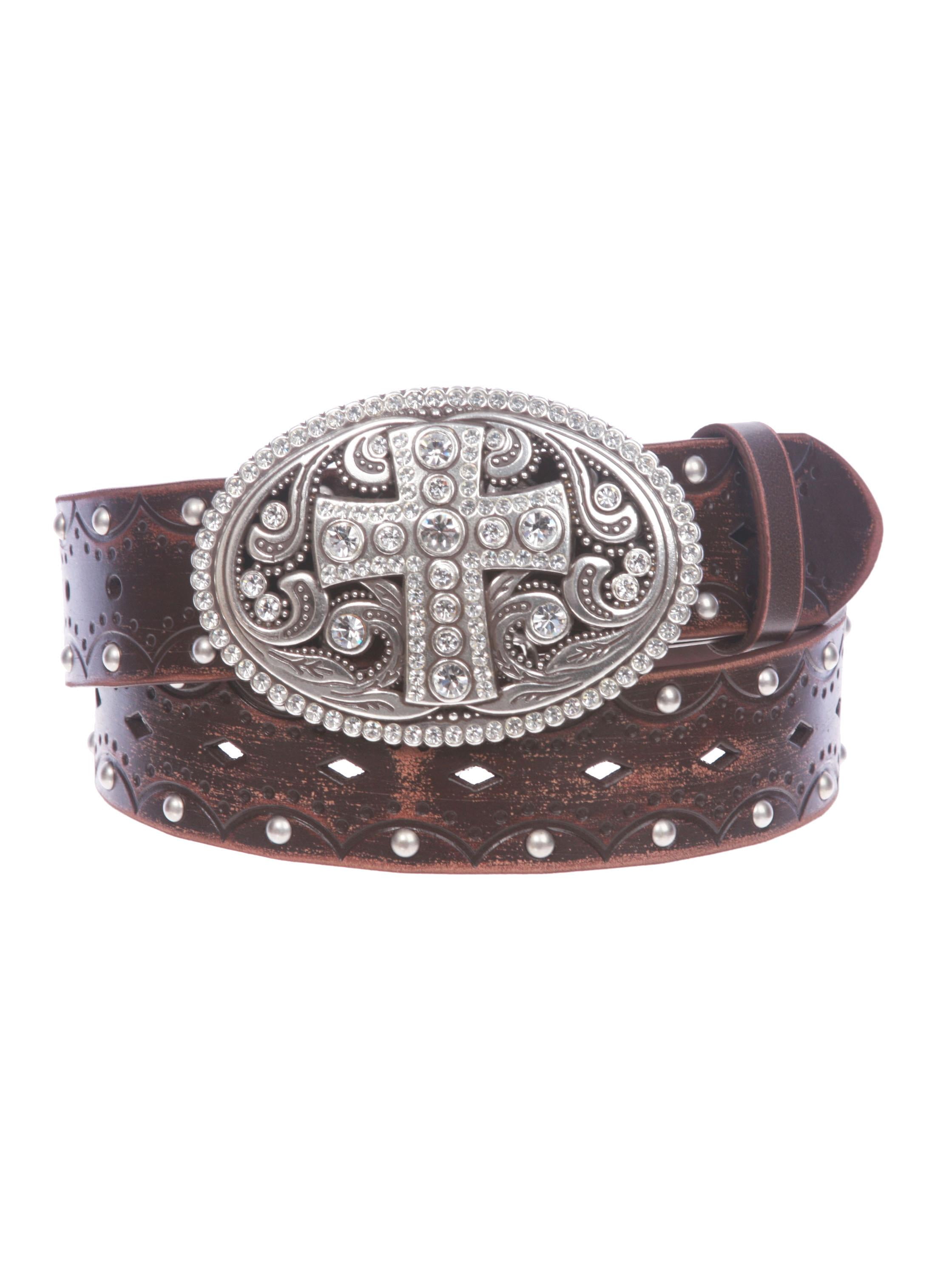 Studded Perforated Embossed Leather Belt With Rhinestone Bling