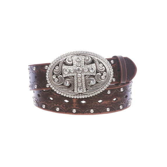 Studded Perforated Embossed Leather Belt With Rhinestone Bling Cross Buckle