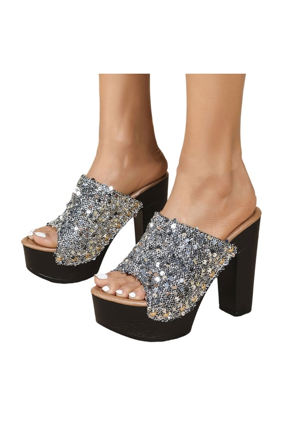 Studded Platform Heels for Women Peep Toe Vintage Leather Fashion Elegant Wooden Design Backless Pumps Dress Shoes Silver Size 9.5
