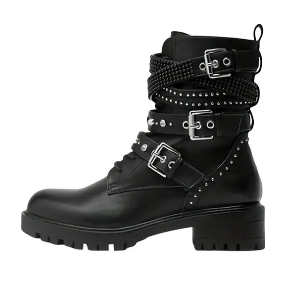 Studded Platform Mid Calf Combat Boots for Women 2025 Black Punk Gothic Leather Buckles Motorcycle Riding Ankle Booties