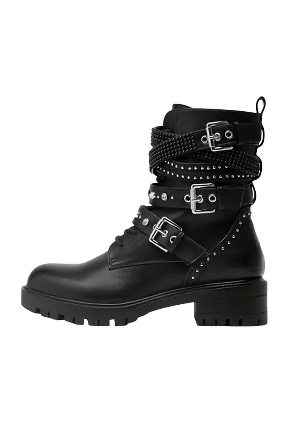 Studded Platform Mid Calf Combat Boots for Women 2025 Black Punk Gothic Leather Buckles Motorcycle Riding Ankle Booties