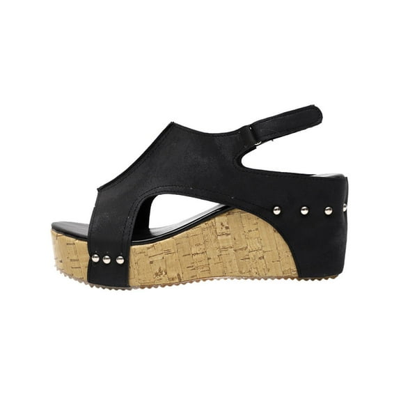Studded Platform Wedge Sandals for Women Vintage Faux Leather Casual Pumps Fashion Open Toe Ankle Strap High Heels Summer Walking Shoes