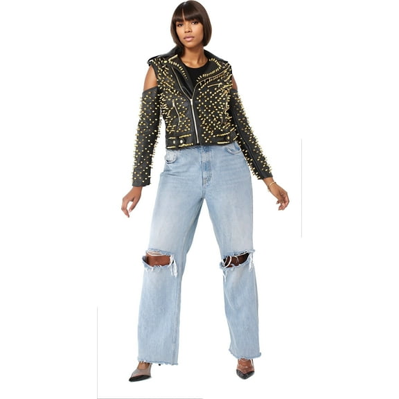 Studded Pleather Moto Jacket with Open Shoulders