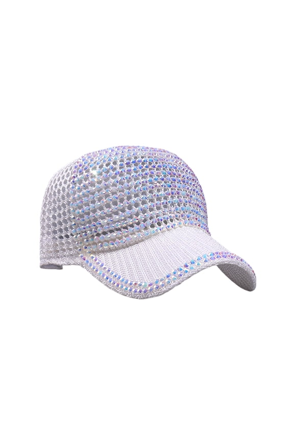 Studded Rhinestone Mesh Baseball Cap Adjustable Ponytail Sun Hat Breathable Sports Cap for Women Men Outdoor Activities White