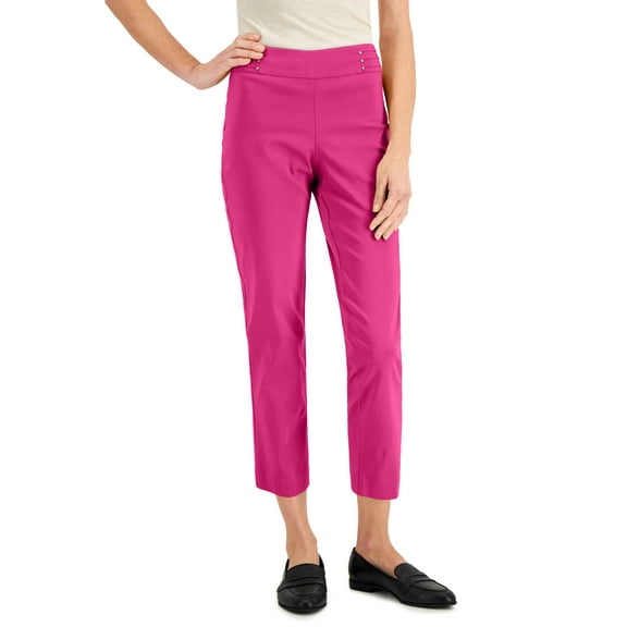 Studded-Waist Pull-On Cropped Pants Fuchsia Purple XS-Short