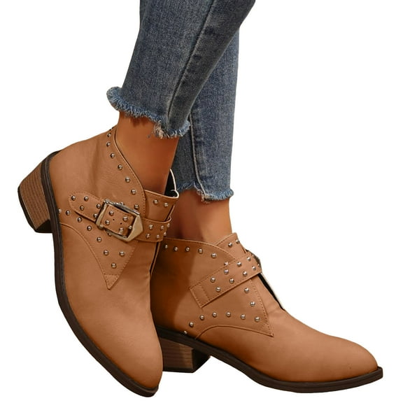 Studded Western Ankle Boots for Women Trendy Adjustable Buckle Strap Waterproof Leather Stacked Heel Short Fall Booties