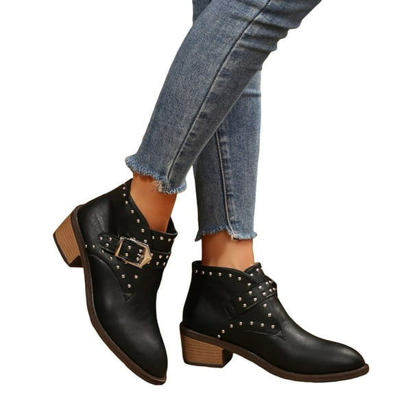 Studded Western Ankle Boots for Women Trendy Adjustable Buckle Strap Waterproof Leather Stacked Heel Short Fall Booties