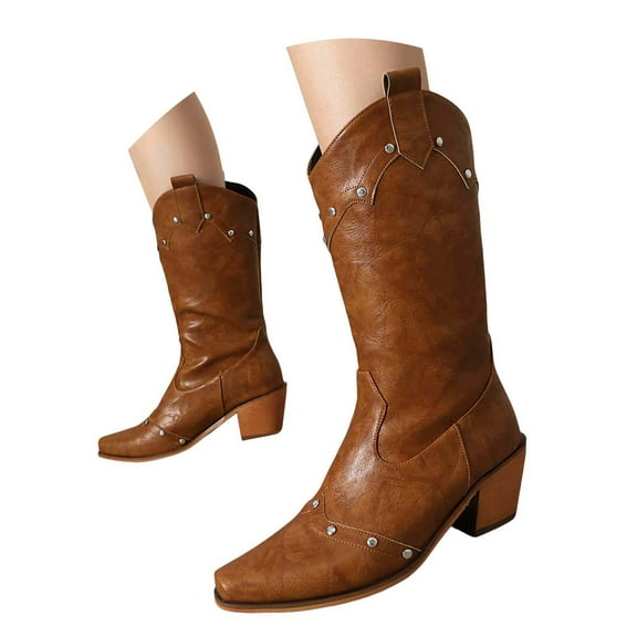 Studded Wide Calf Cowboy Boots for Women Vintage Leather Western Chunky Mid Calf Cowgirl Boots Winter Fall Riding Shoes