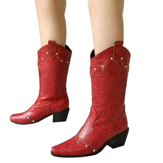 Studded Wide Calf Cowboy Boots for Women Vintage Leather Western Chunky Mid Calf Cowgirl Boots Winter Fall Riding Shoes