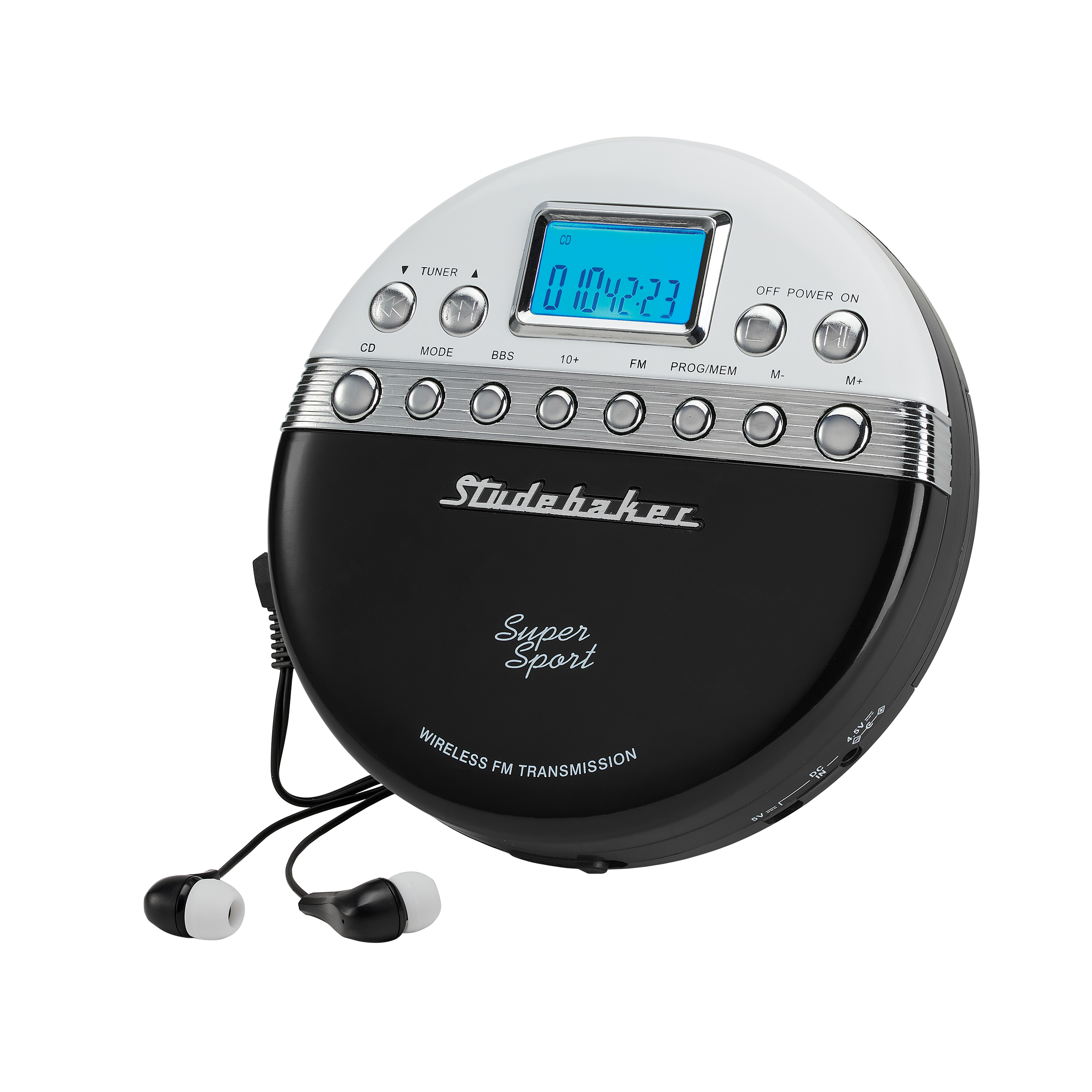 Studebaker SB3705BW Super Sport Portable CD Player Plays CDs Wirelessly Through your Car Radio Includes FM Stereo Radio and Color Coordinated Stereo Earbuds - image 1 of 5