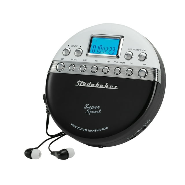 Studebaker SB3705BW Super Sport Portable CD Player Plays CDs Wirelessly Through your Car Radio Includes FM Stereo Radio and Color Coordinated Stereo Earbuds