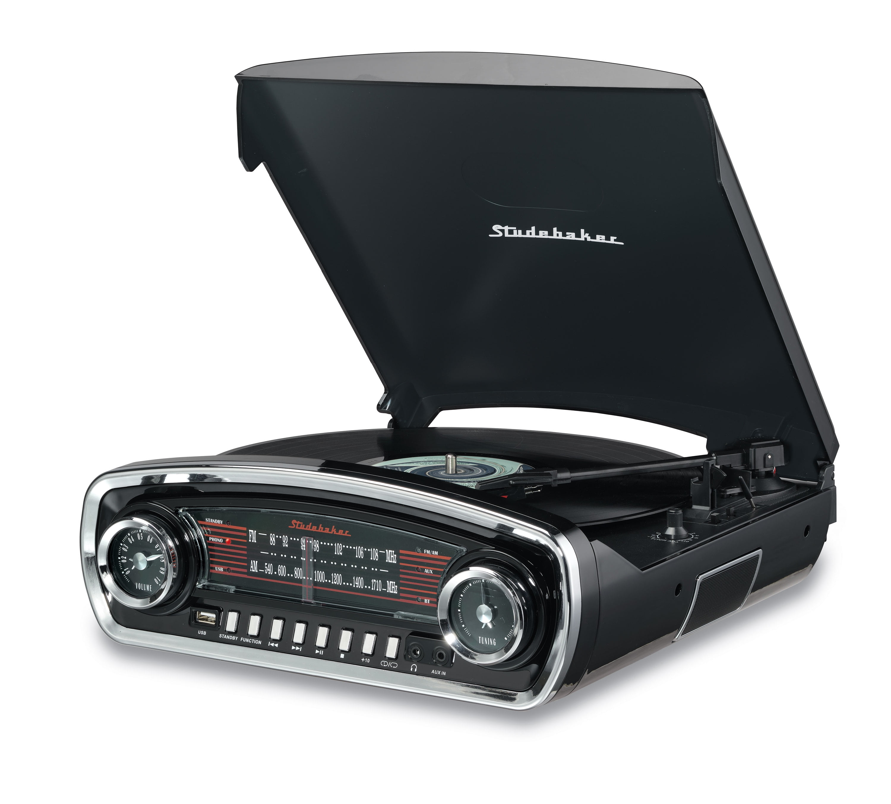 Studebaker Black Retro Portable 3-Speed Turntable with Bluetooth and AM/FM Radio