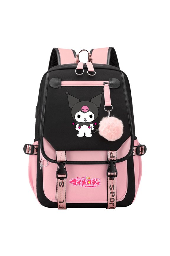 Student Back to School Bookbag Cartoon Kuro_mi Backpack with USB Charge Port Waterproof Travel Laptop Knapsack for Teen