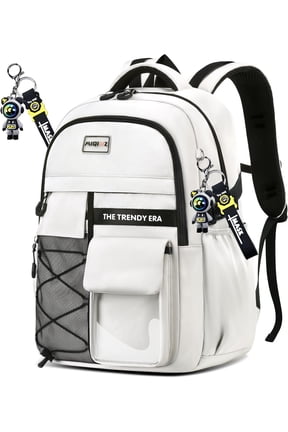 Student Backpack Encrypted Material Multiple Compartments Large Capacity Water Repellent Backpack with Anti-Theft Pockets for Middle High School-white-large