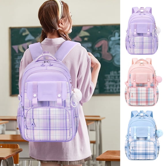 Student Backpack with Plush Doll Pendant Multi Compartments Large Capacity Sweet Color Waterproof Pupil School Bag Travel Outdoor Activities Storage Bag