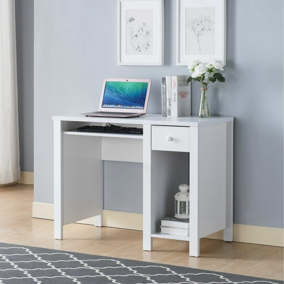 Student Desk 39"w For Home Office, Compact White Writing With Laptop Drawer