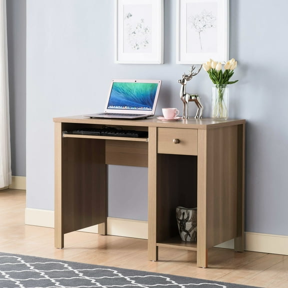 Student Desk For Home And Office Optimization - 39"w Compact Beige Brown Writing Laptop Table With Drawer Keyboard