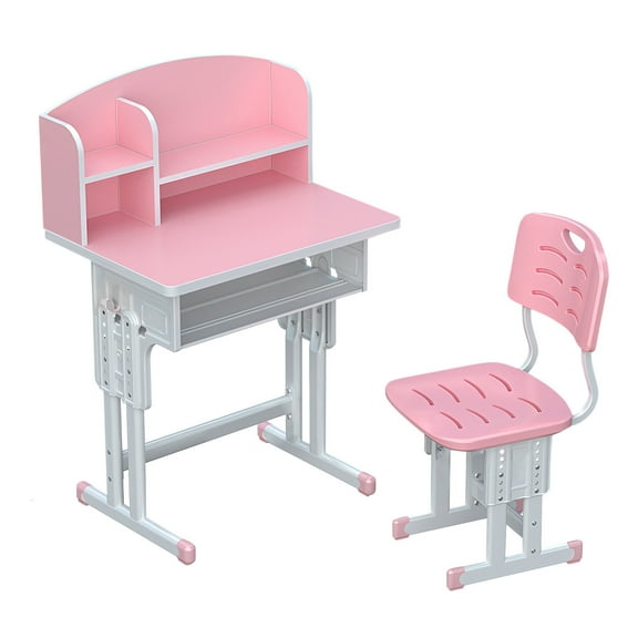 Student Desks and Chair For Teen, 2Pcs/Set Kids Desk Chair Set, Height Adjustable Children School Study Table Chair Set with Storage Drawer, Ergonomic Desk Chair with Book Stand,Partition Design Pink
