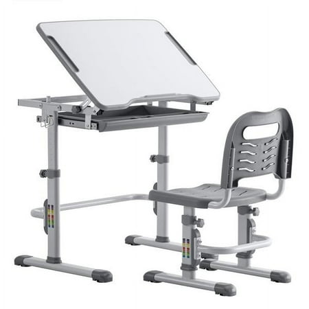 Student Desks and Chairs Set C Style White Lacquered White Surface Light Grey Plastic [70x38x(52-74)cm