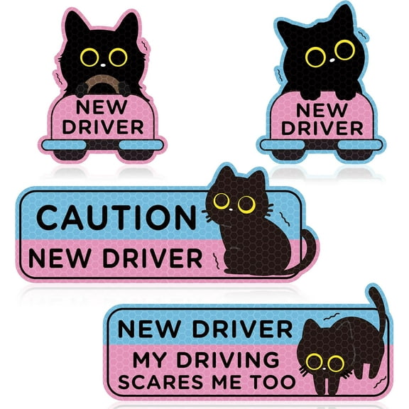 Student Driver Car Magnet Stickers, 4pcs Black Cat Student New Driver Magnet Bumper Sticker Safety Warning Signs Magnetic Reflective Rookie Reusable Movable
